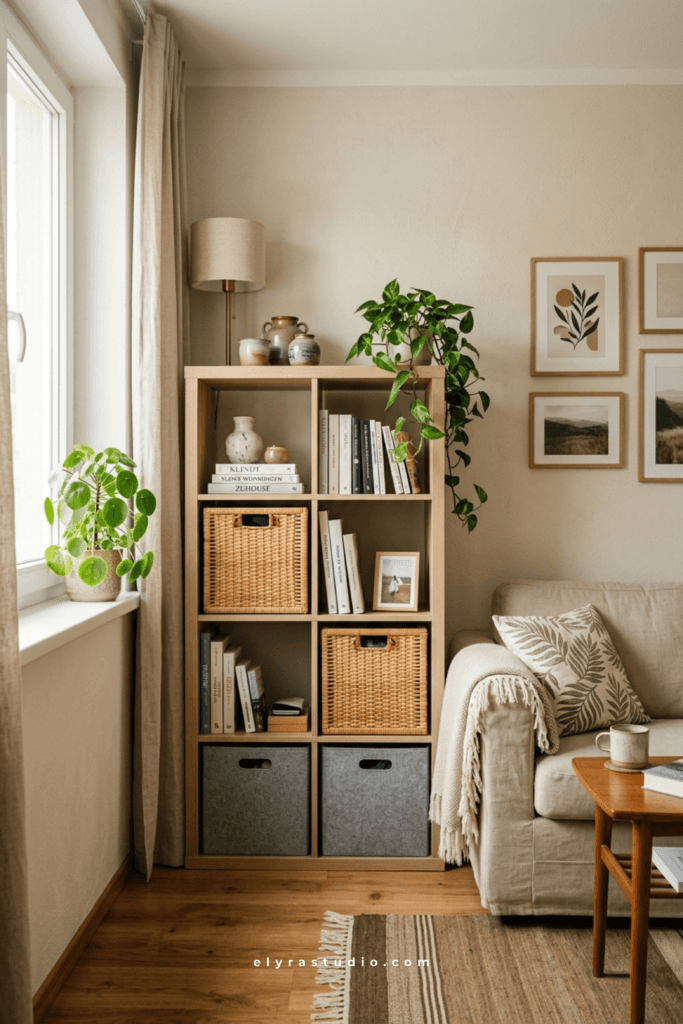 Cube storage unit with baskets, books and decor in a small apartment living space