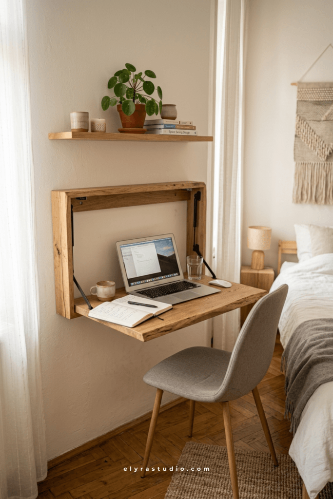Fold-down wall desk creating a compact workspace in a small apartment