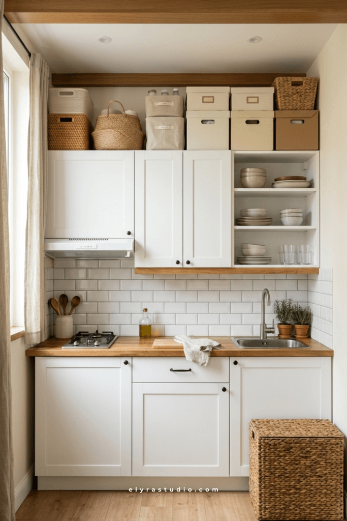 Kitchen storage baskets placed above cabinets in a small apartment kitchen