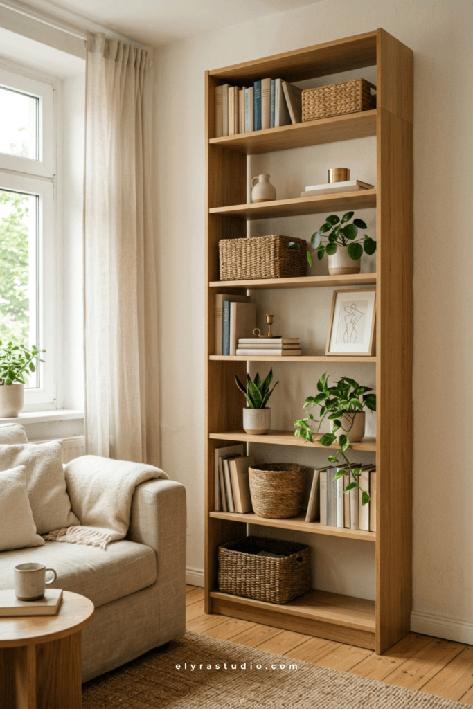 Tall bookcase providing vertical storage in a small apartment living room