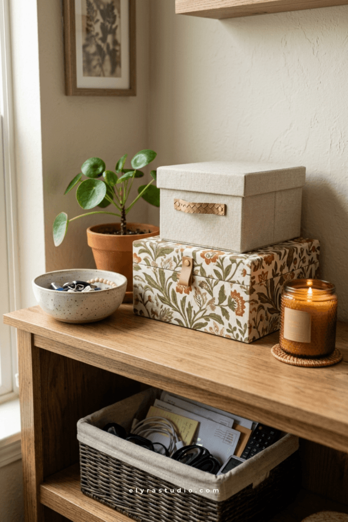 Decorative storage boxes used to organize small everyday items on a shelf