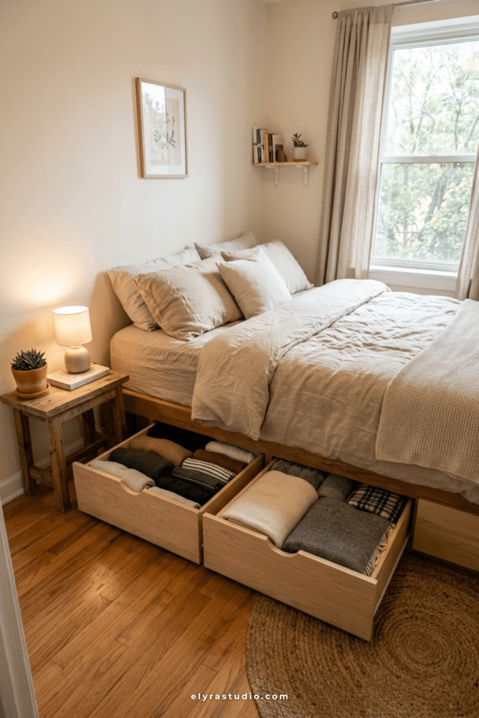 Small bedroom with under-bed storage drawers used for extra blankets and seasonal clothing