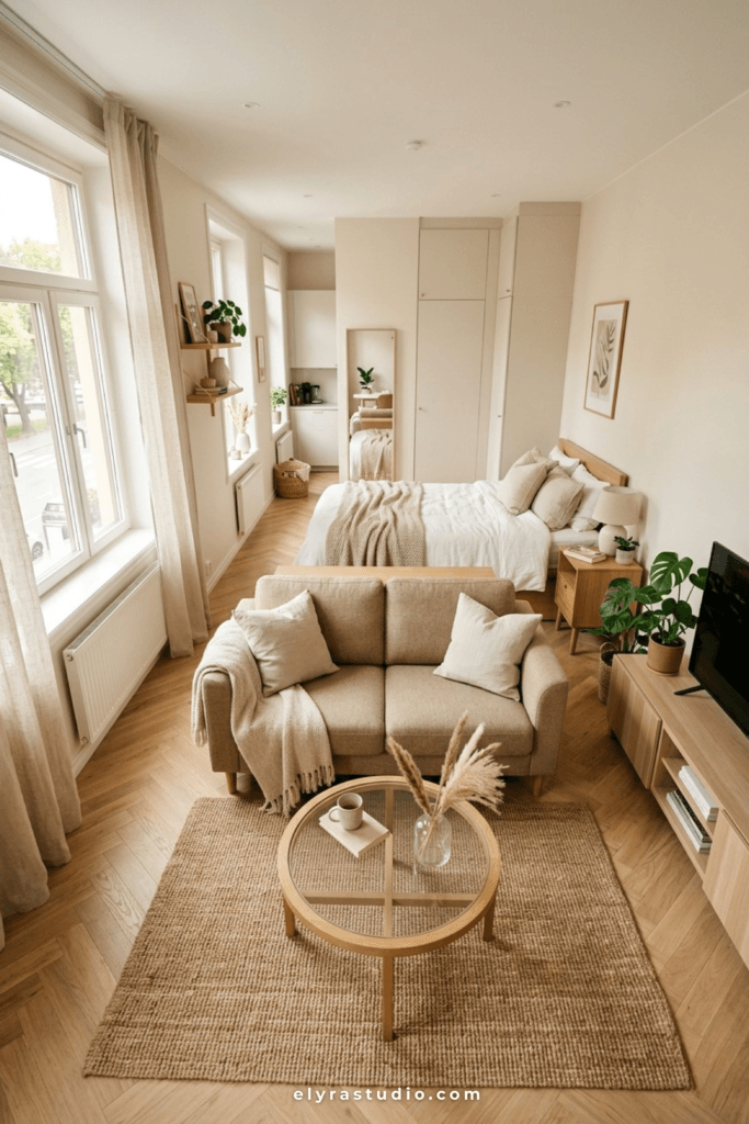 Studio apartment sofa used as a room divider between living and sleeping areas.