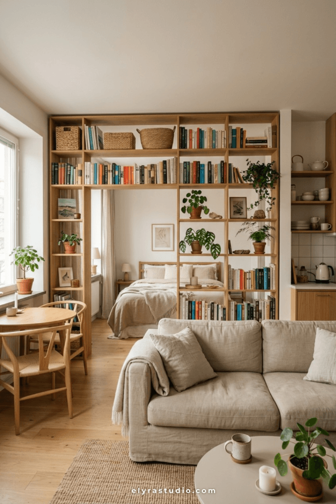 Open bookshelf behind a sofa creating zones in a studio apartment.