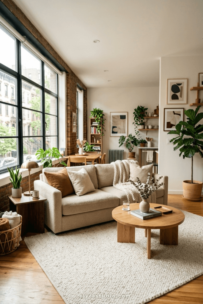 Studio apartment living room island layout with sofa and area rug.