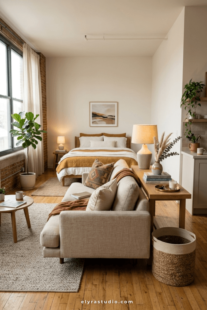 Console table placed behind a sofa in a studio apartment.
