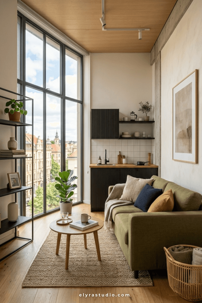 Structured sofa creating a defined living zone in a studio apartment.