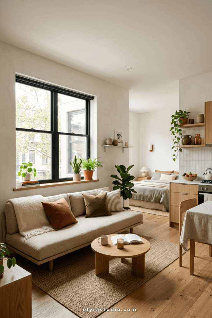 Low-profile sofa making a studio apartment feel larger and more open.
