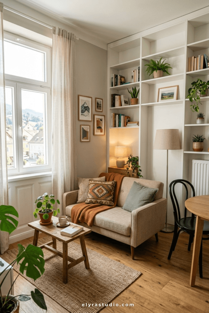 Compact slim-arm sofa in a small apartment living room.