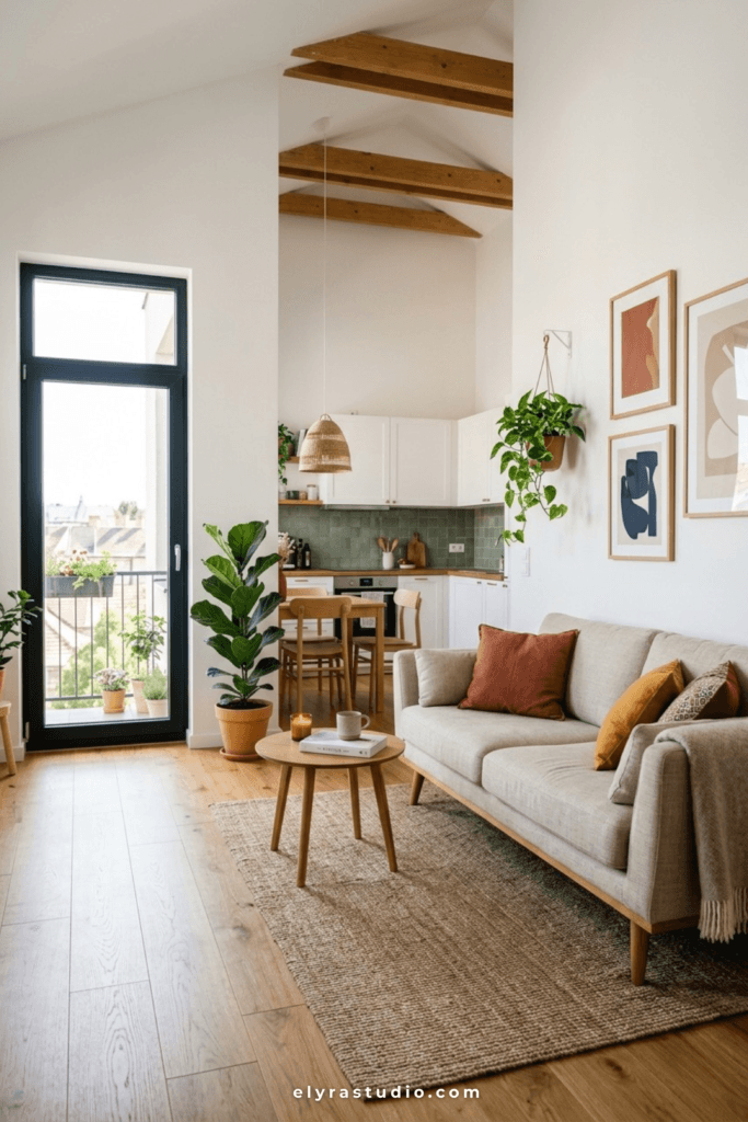 Studio apartment sofa with visible wooden legs creating an airy look.