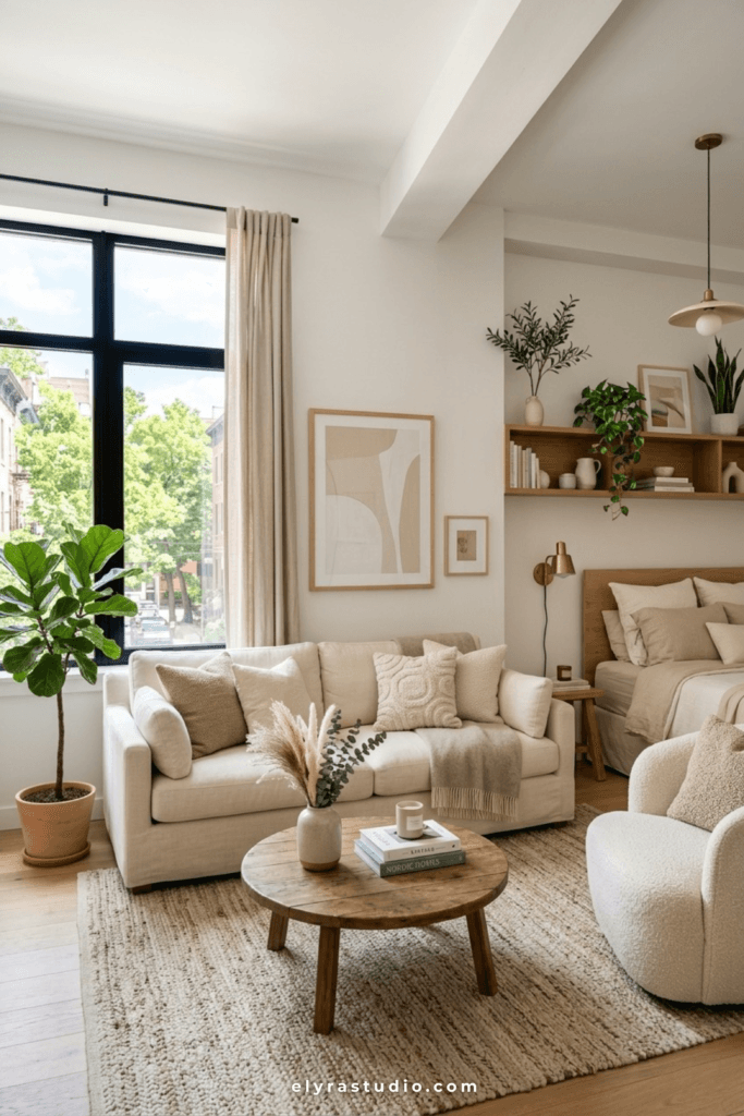 Light neutral sofa in a bright and organized studio apartment.