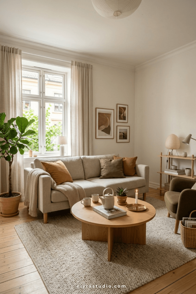 Round coffee table paired with a sofa in a studio apartment living area.