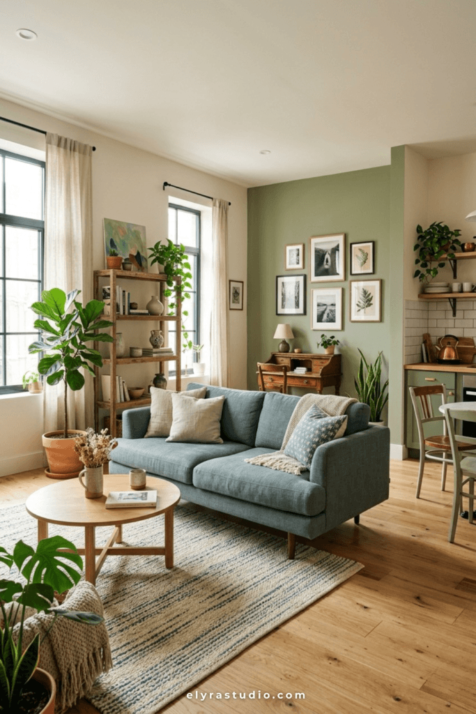Floating sofa layout positioned slightly away from the wall in a studio apartment.