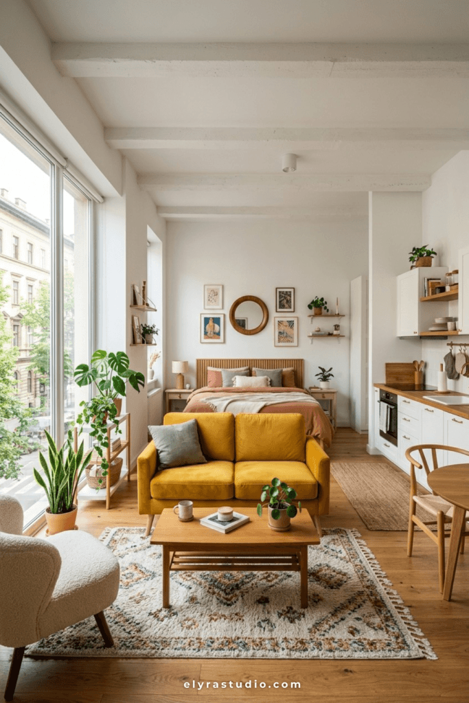 Studio apartment layout with clear traffic flow around a compact sofa.