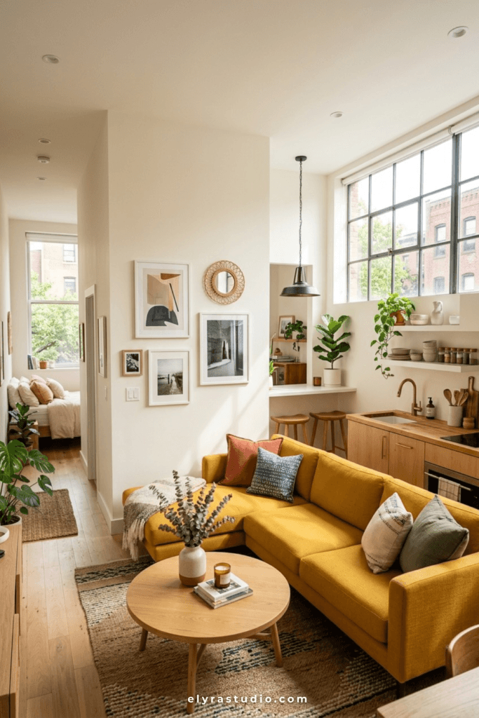Compact sectional sofa defining separate living zones in a studio apartment.