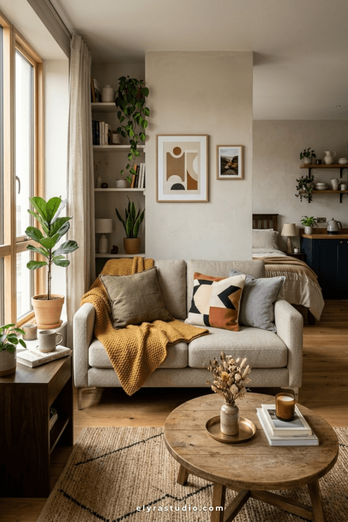 Modern sofa bed used in a small studio apartment living room.