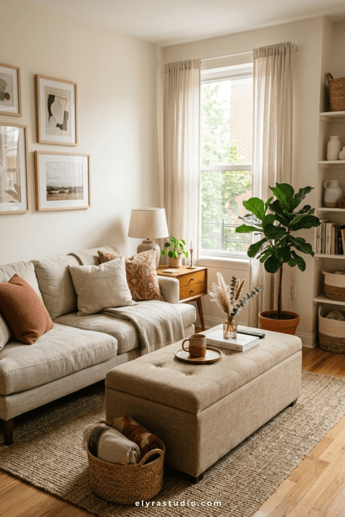 Storage ottoman paired with a sofa in a studio apartment living area.