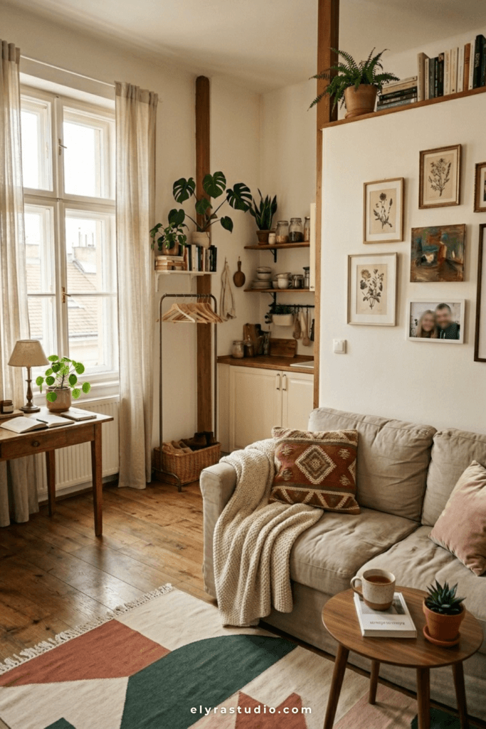 Comfortable studio apartment sofa in a practical and organized everyday layout.