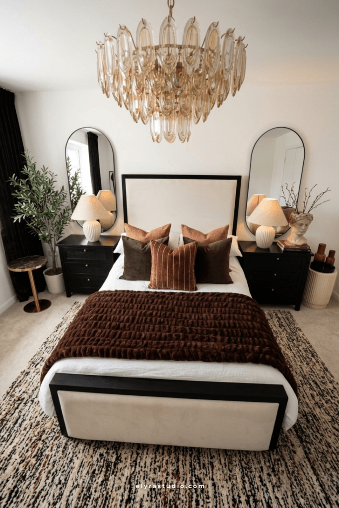 Small bedroom featuring a compact vanity table, large floor mirror, soft curtains, and elegant styling that adds a luxurious feel.