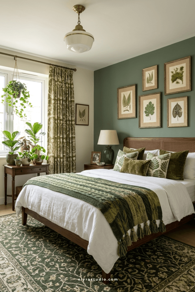 Cozy bedroom with green accent wall, botanical artwork, layered textiles, and natural decor creating a calm and expensive atmosphere.