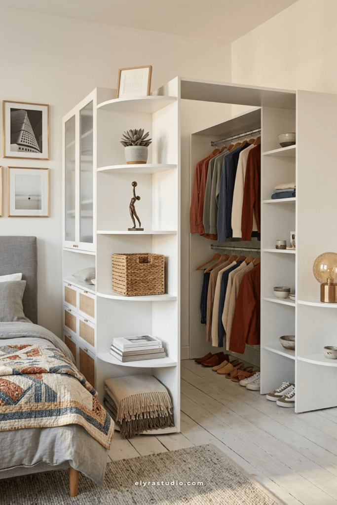  Small bedroom with a custom wardrobe wall, open hanging storage, curved shelving, and built-in organization that maximizes space.