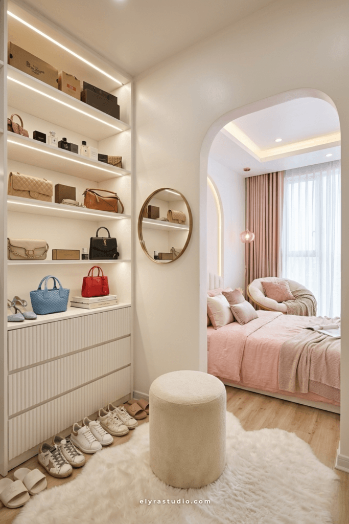 Small bedroom with open shelving, organized accessories, soft pink accents, and boutique-style dressing area.
