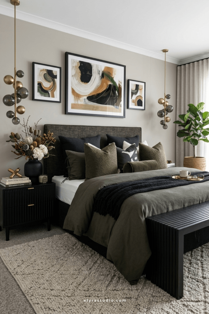 Cozy neutral bedroom with soft lighting, candles, woven textures, and calming decor that creates a relaxing atmosphere.