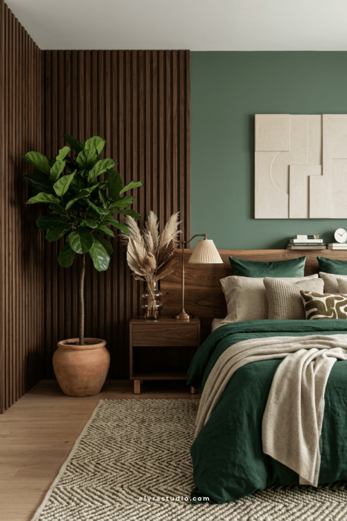 Bedroom with woven wall covering, earthy bedding, layered pillows, and warm textures that create visual richness.