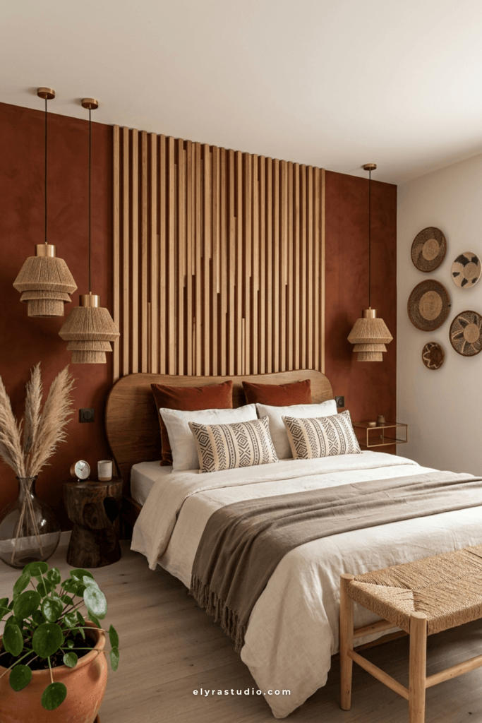 Small bedroom with dark wood wall panels, green accent wall, natural textiles, and botanical styling for a sophisticated look.