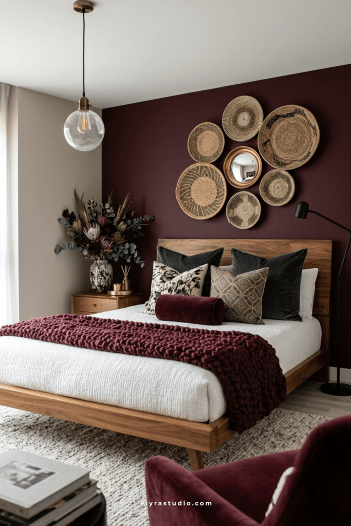  Modern bedroom with dark furniture, abstract artwork, balanced decor styling, and carefully layered accessories.