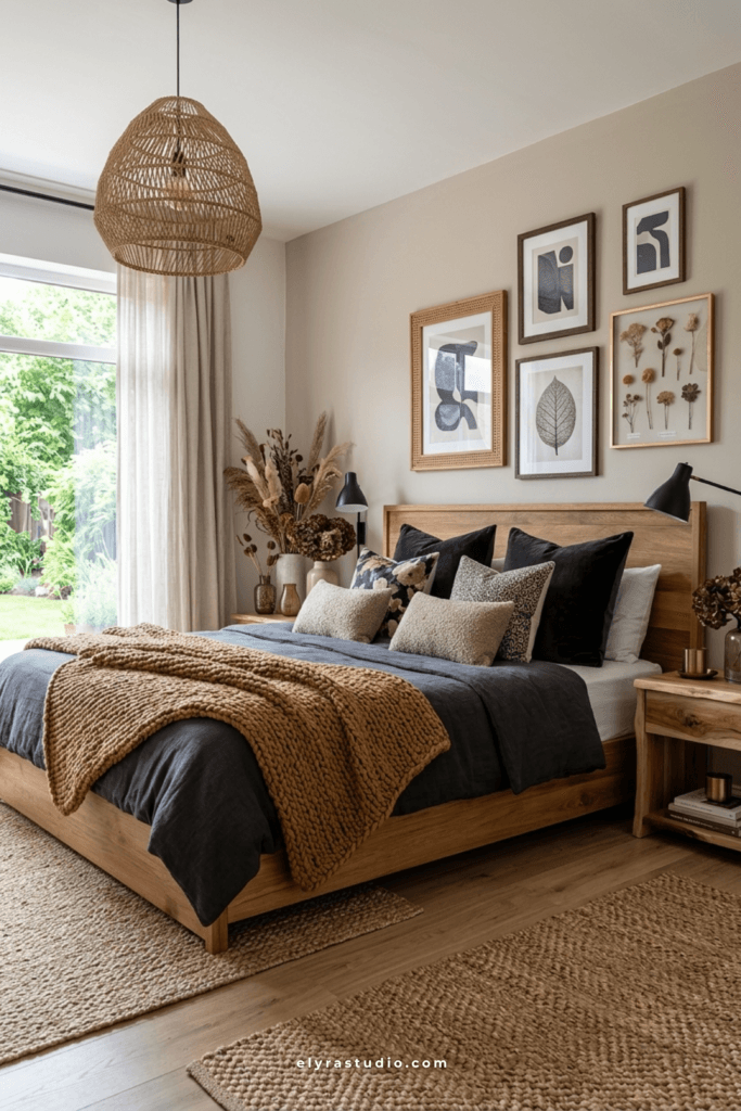 Modern bedroom with vertical wood slat wall, warm earth tones, woven pendant lights, and upscale natural textures.