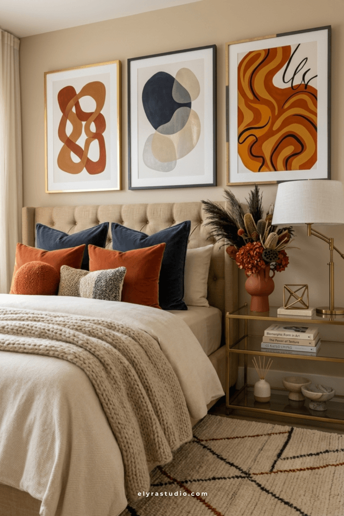 Bedroom with oversized abstract wall art, warm neutral colors, and layered decorative pillows that create a high-end look.
