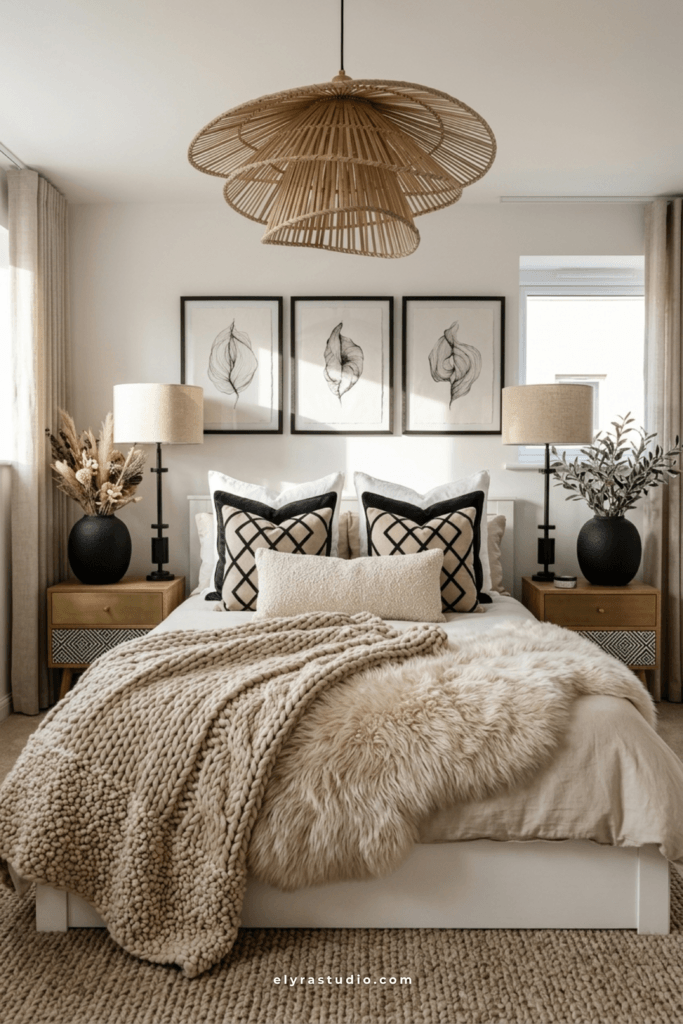 Bedroom with woven pendant light, natural textiles, wood furniture, and organic decor that creates an expensive look.