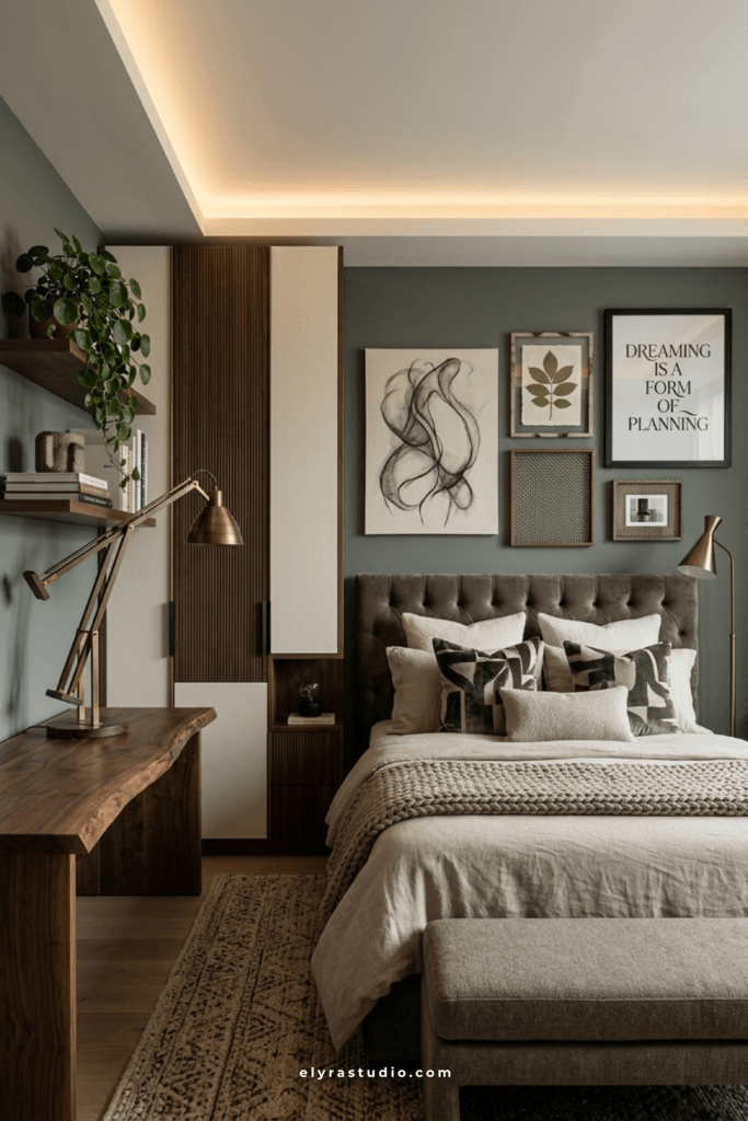 Bedroom with matching bedside lamps, symmetrical wall art, balanced furniture placement, and hotel-inspired styling.