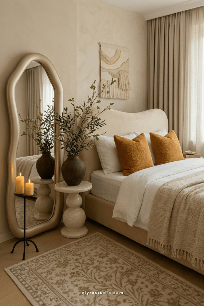 Bedroom with deep burgundy accent wall, woven wall decor, warm wood furniture, and dramatic styling that feels luxurious.