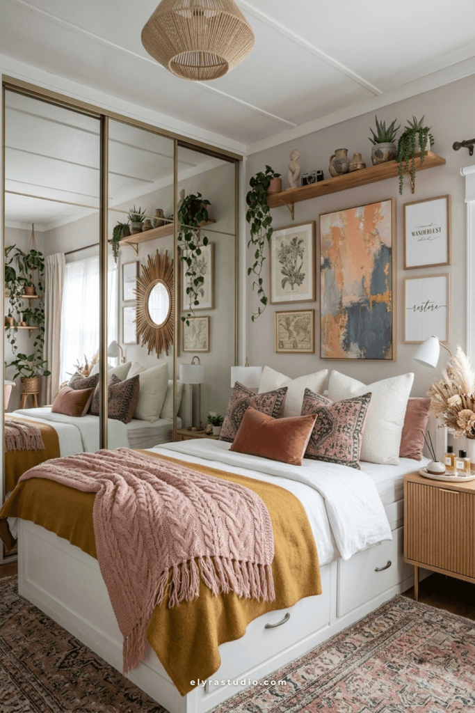 Bedroom with an arched doorway, built-in shelving, warm wood tones, and layered decor that adds architectural character.