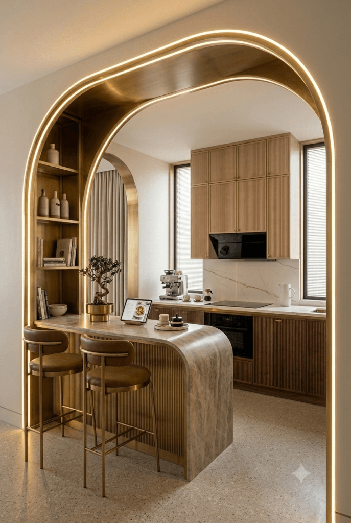 Studio apartment featuring an open shelving divider with plants separating the bedroom and living room