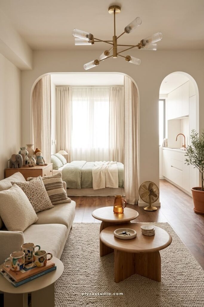 Bright small apartment with dining area, neutral decor, and a simple layout that feels spacious and expensive
