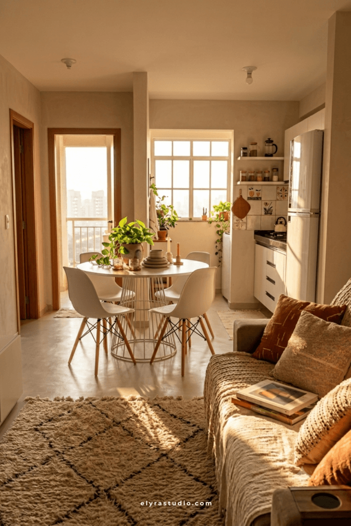 Wood slat kitchen divider creating visual separation in an open concept apartment layout