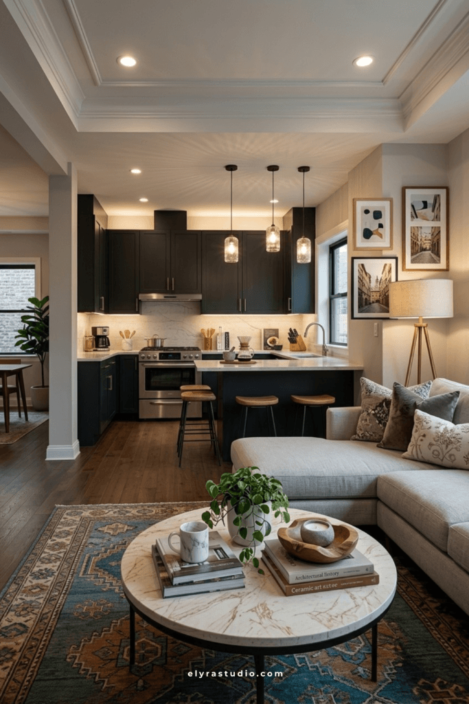 Studio apartment with built-in shelving room divider, plants, and layered lighting for a custom look