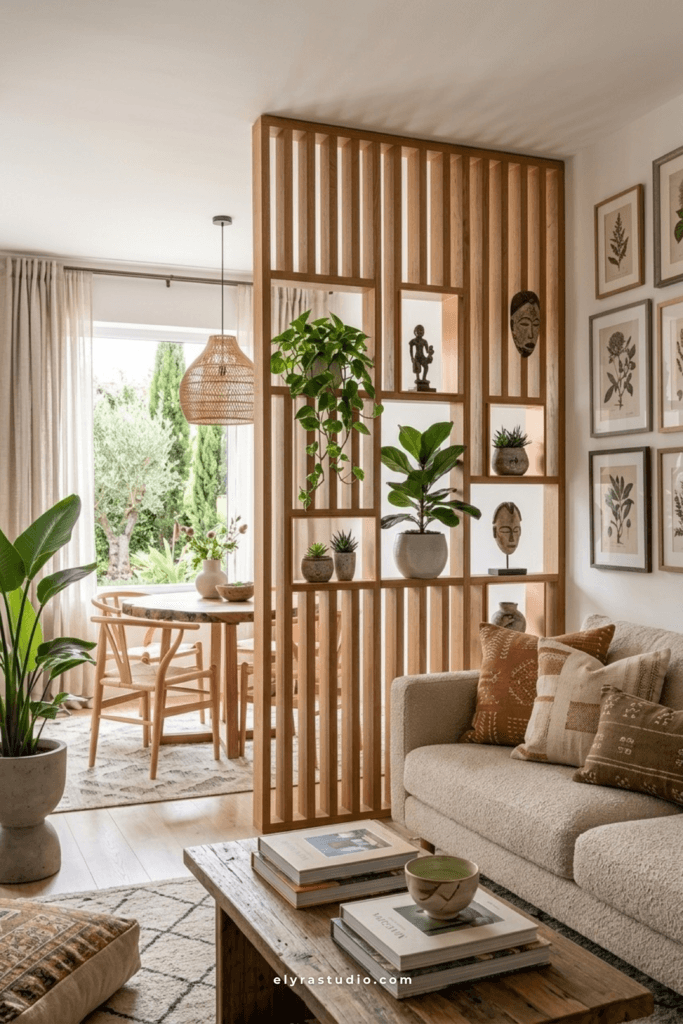 Modern wood slat room divider with decorative shelving adding warmth and privacy to an open apartment