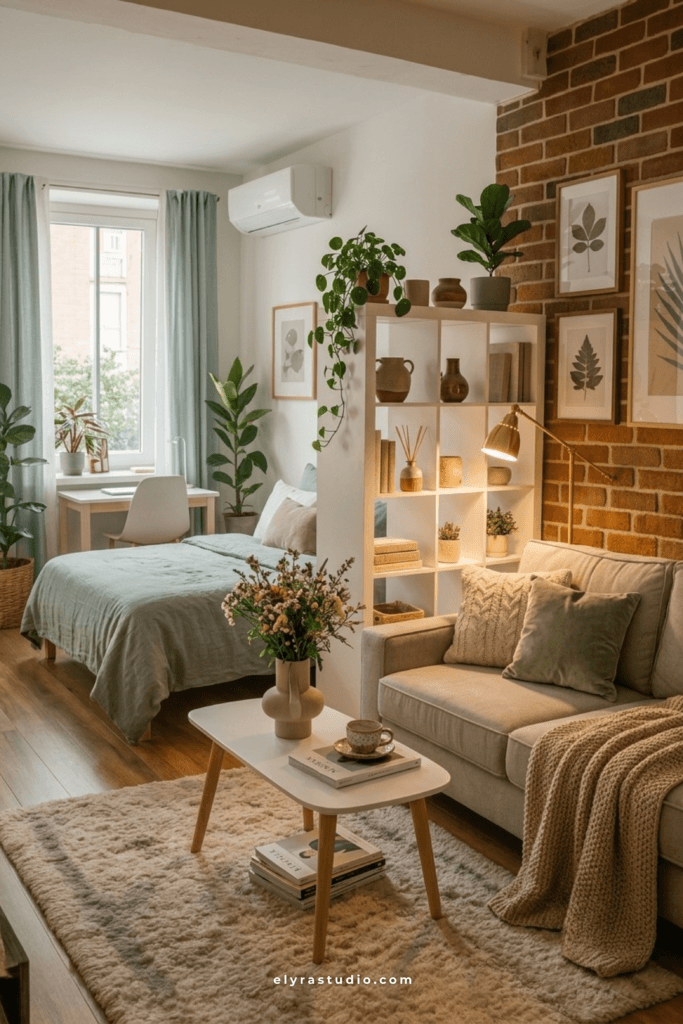 Small studio apartment using a storage shelf divider to separate the bedroom from the living room