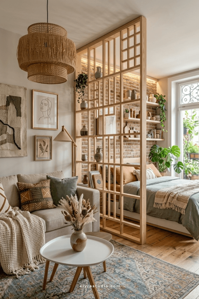 Open grid wood room divider creating privacy between the bedroom and living area in a studio apartment