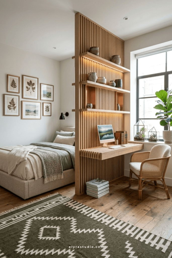 Studio apartment bedroom separated by a modern wood slat divider with built-in desk and shelving