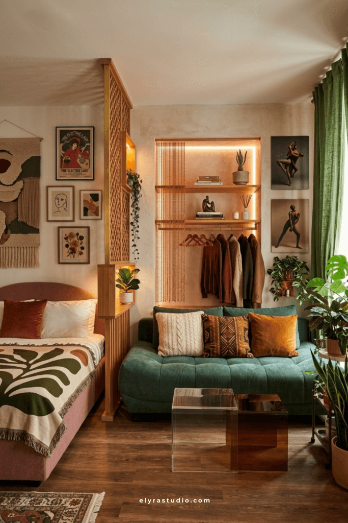 Studio apartment with open shelf room divider separating the bedroom and living room while adding stylish storage