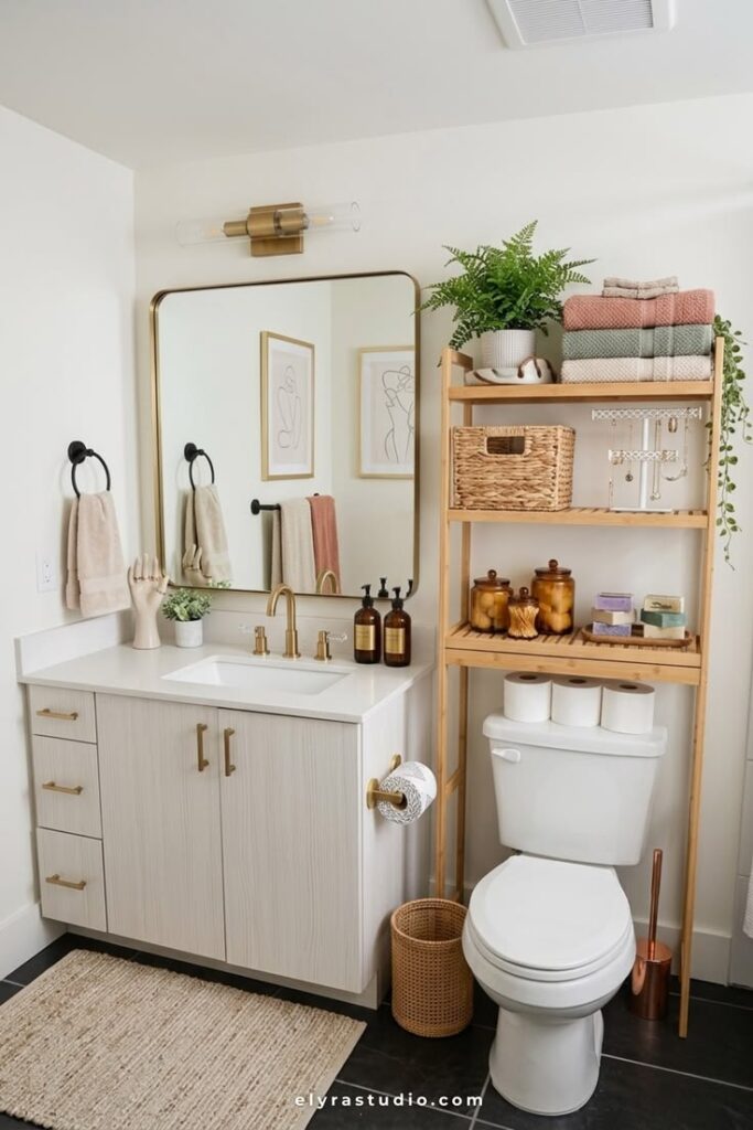 White over the toilet storage shelf decorated with pink bathroom accessories, trailing plants, perfume bottles, and elegant feminine decor.