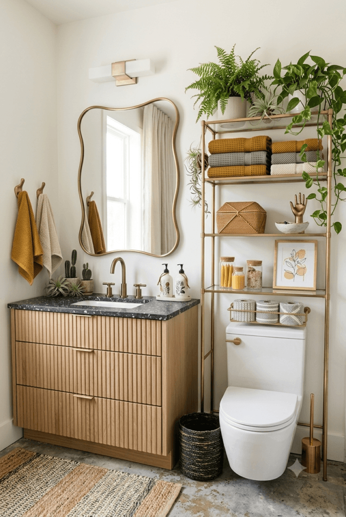 Cute pink bathroom featuring a white over the toilet storage shelf with neon lighting, decorative plants, and playful aesthetic decor.