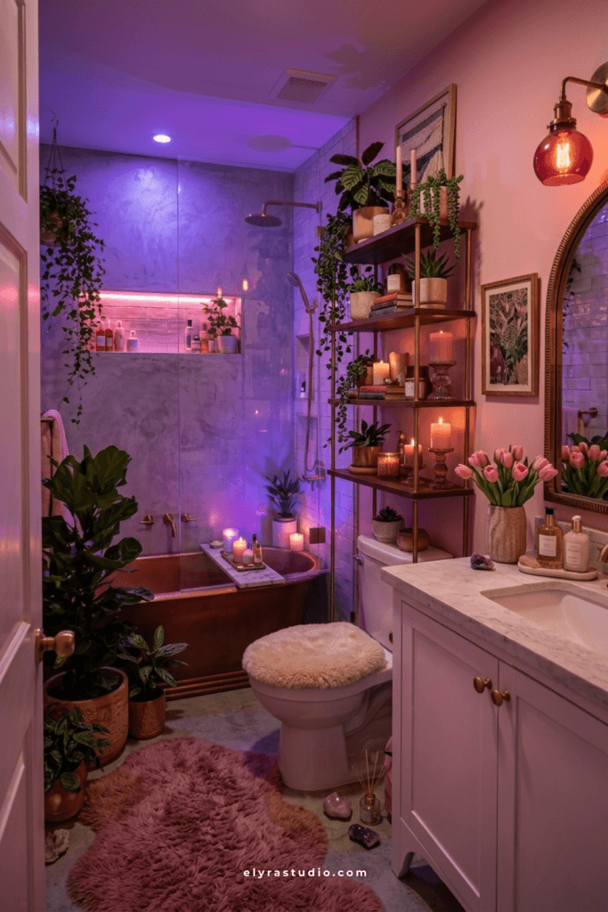 Small bathroom storage shelf with baskets, rolled towels, skincare products, and hanging towel for practical over the toilet organization.