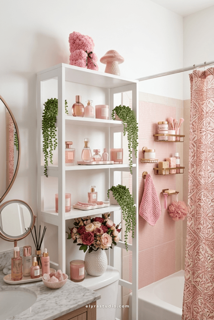 Luxury bathroom with a dark wood over the toilet storage shelf, candles, plants, and cozy spa-inspired decor for a relaxing atmosphere.