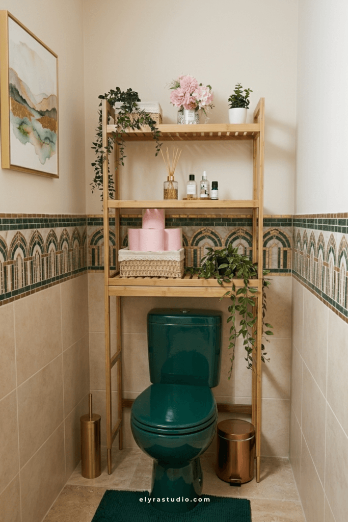 Minimal bamboo over the toilet storage shelf with woven baskets, folded towels, plants, and simple modern bathroom organization.